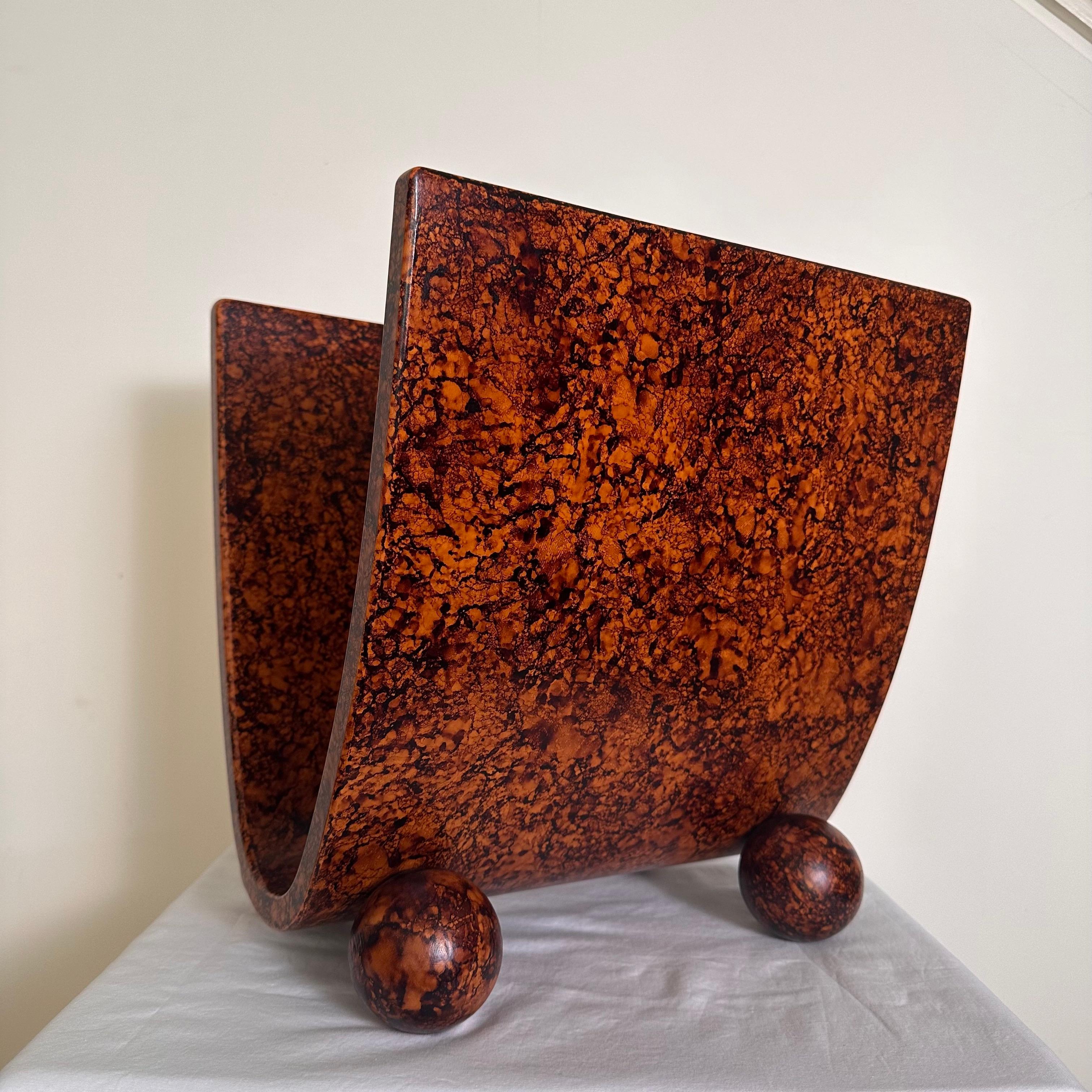 Late 20th Century Vintage Art Deco Post Modern Style Magazine Rack in Faux Burl Wood Stain Finish For Sale