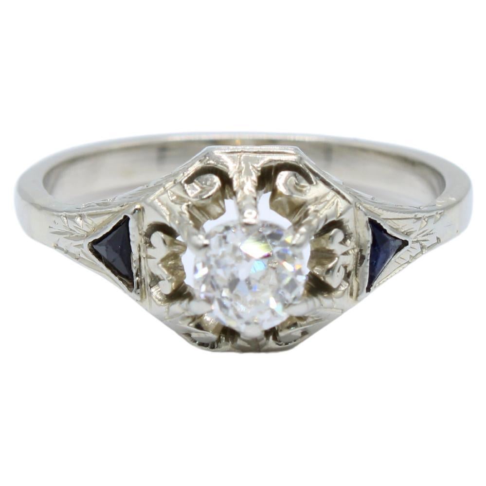 Art Deco Original Old Mine Diamond and Sapphire Ring For Sale at 1stDibs
