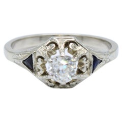 Vintage Art Deco Prong-set .40 Carat Old Mine Cushion Diamond and Sapphire Ring 