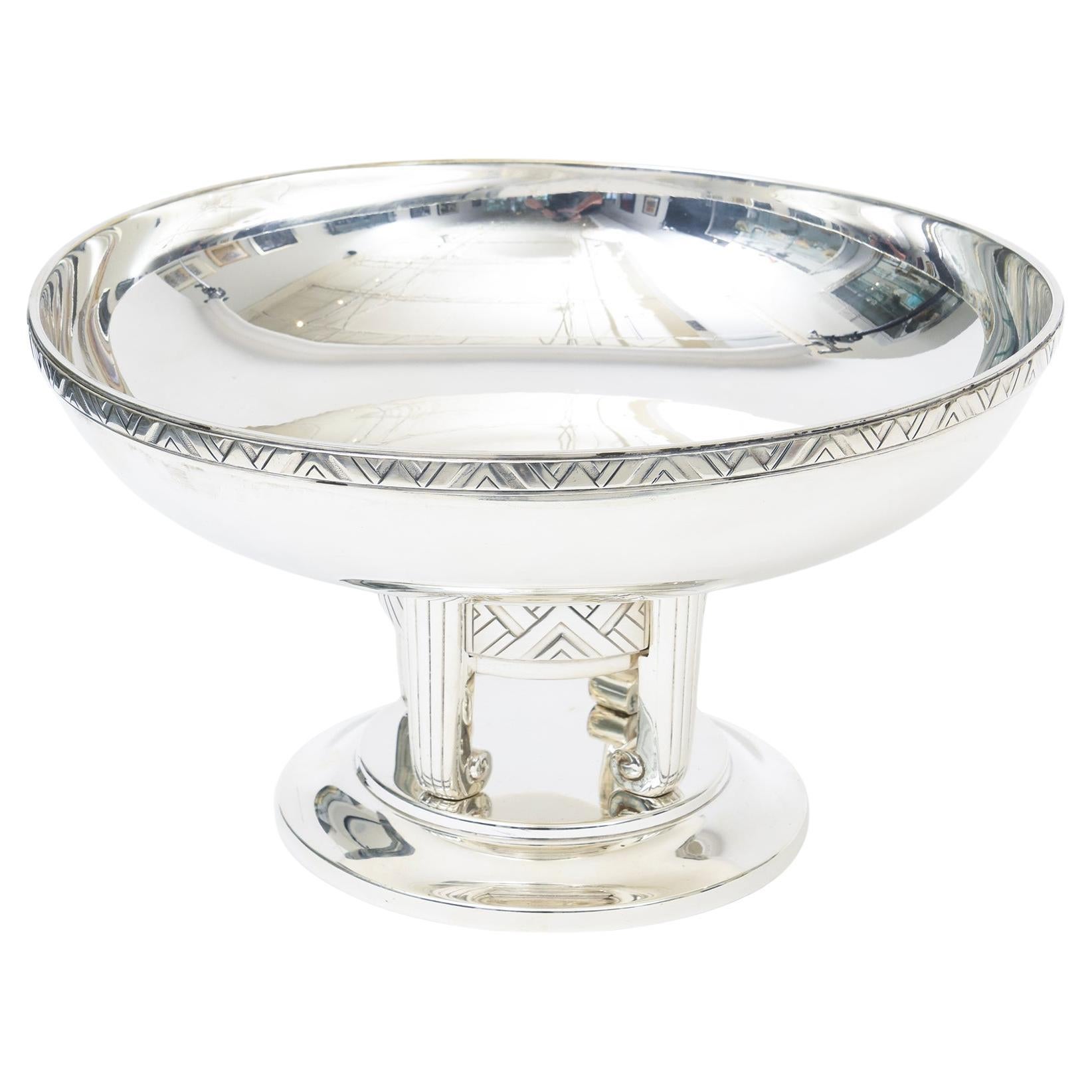 Vintage Art Deco Rare Hallmarked Apollo Silver-Plate Pedestal Bowl With Chevron For Sale