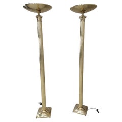 Vintage Art Deco Rembrandt Brass Corinthian Column Torchiere Floor Lamp - Pair