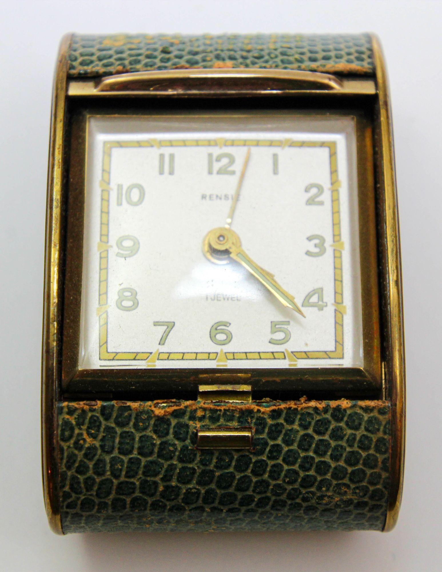 Vintage Art Deco Rensie Travel Alarm Clock in Brass and Green Shagreen 1930s For Sale 5