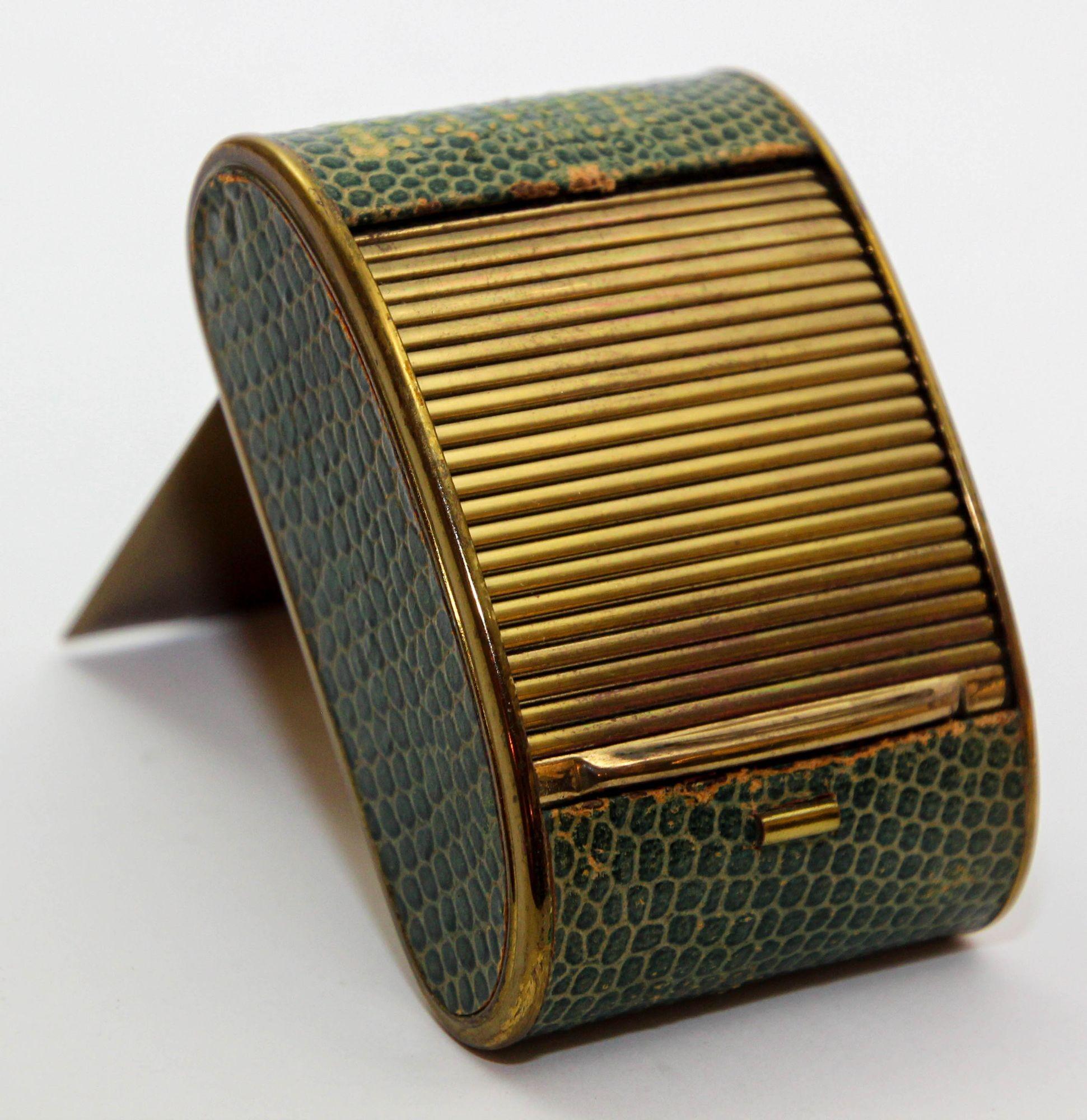 Vintage Art Deco Rensie Travel Alarm Clock in Brass and Green Shagreen 1930s For Sale 1
