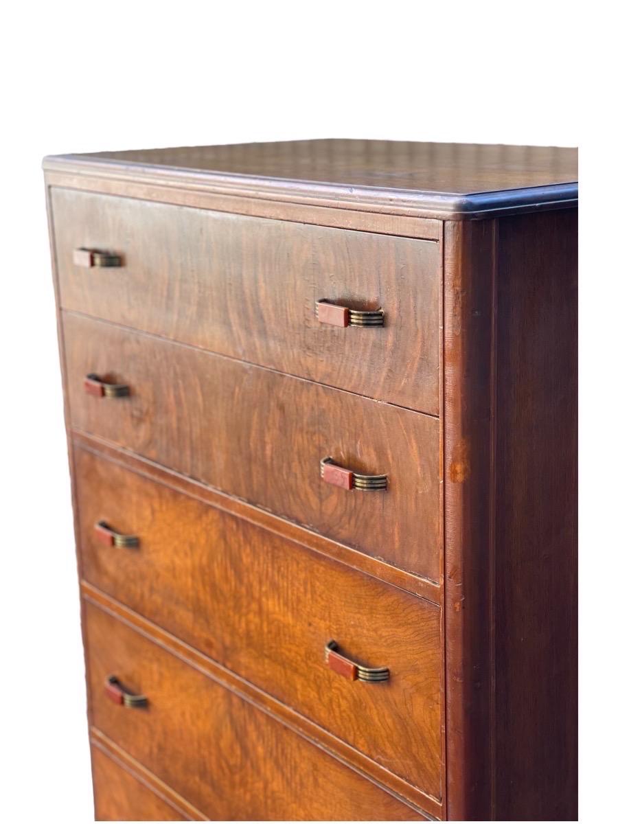 Vintage Art Deco Retro Walnut and Mohogany Burl Wood Dresser Dovetailed Drawers In Good Condition For Sale In Seattle, WA