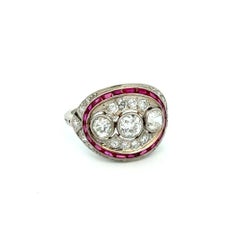 Vintage Art Deco Revival 3 Stone Diamond and Ruby Platinum Statement Ring