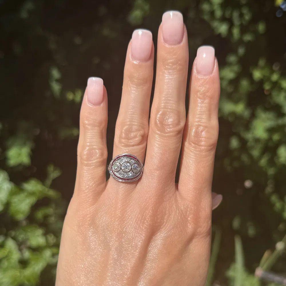 Modernist Vintage Art Deco Revival 3 Stone Diamond and Ruby Platinum Statement Ring For Sale