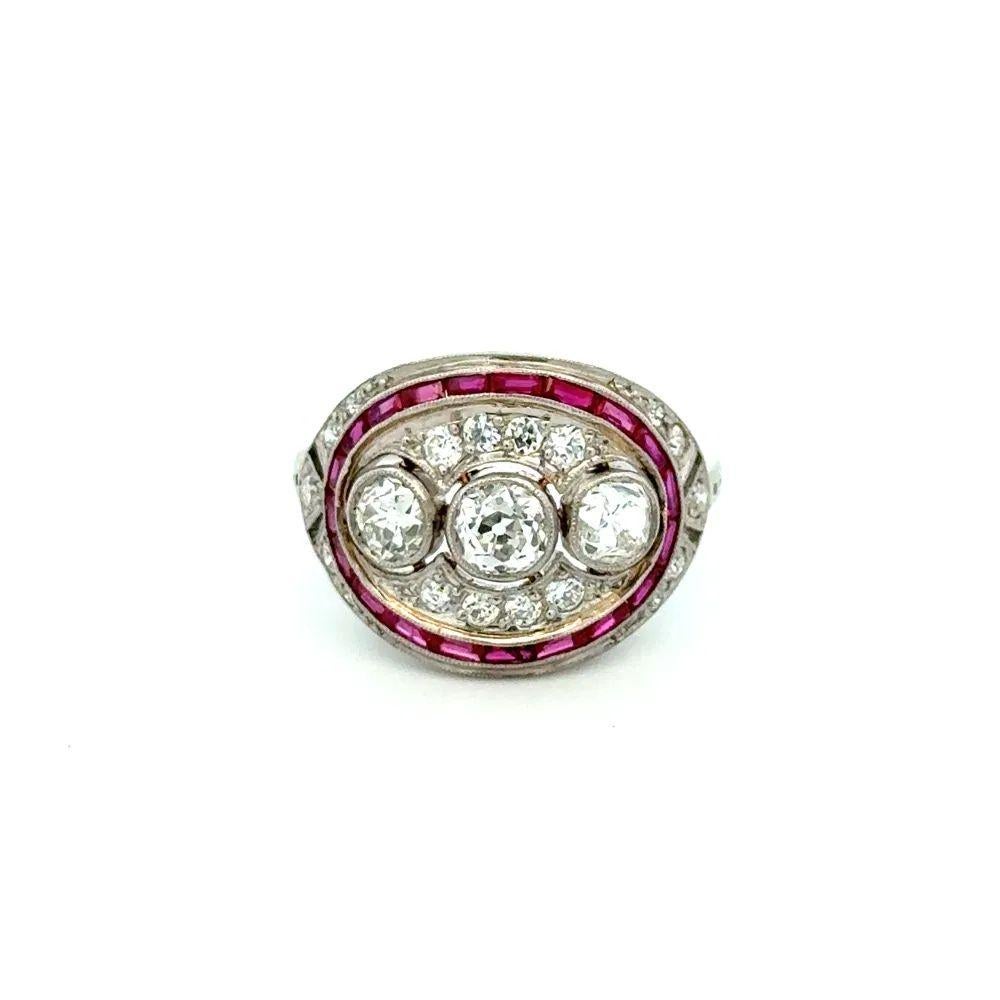 Mixed Cut Vintage Art Deco Revival 3 Stone Diamond and Ruby Platinum Statement Ring For Sale