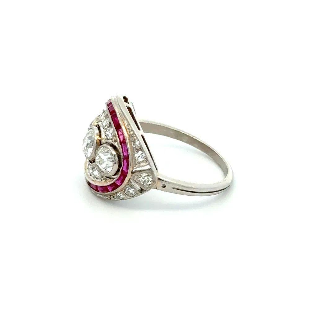 Women's Vintage Art Deco Revival 3 Stone Diamond and Ruby Platinum Statement Ring For Sale