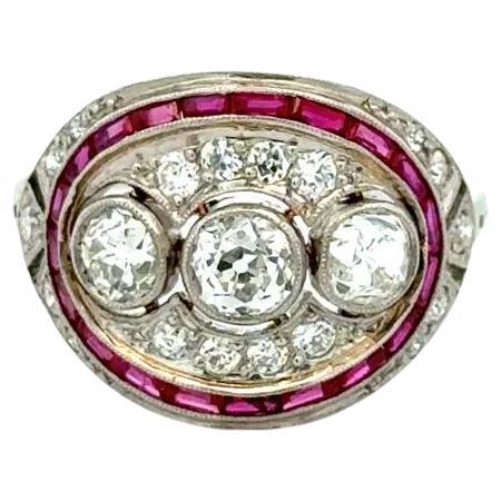 Vintage Art Deco Revival 3 Stone Diamond and Ruby Platinum Statement Ring For Sale