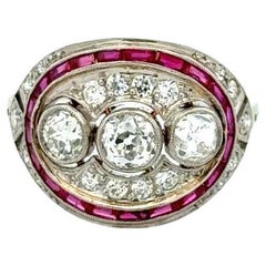 Vintage Art Deco Revival 3 Stone Diamond and Ruby Platinum Statement Ring
