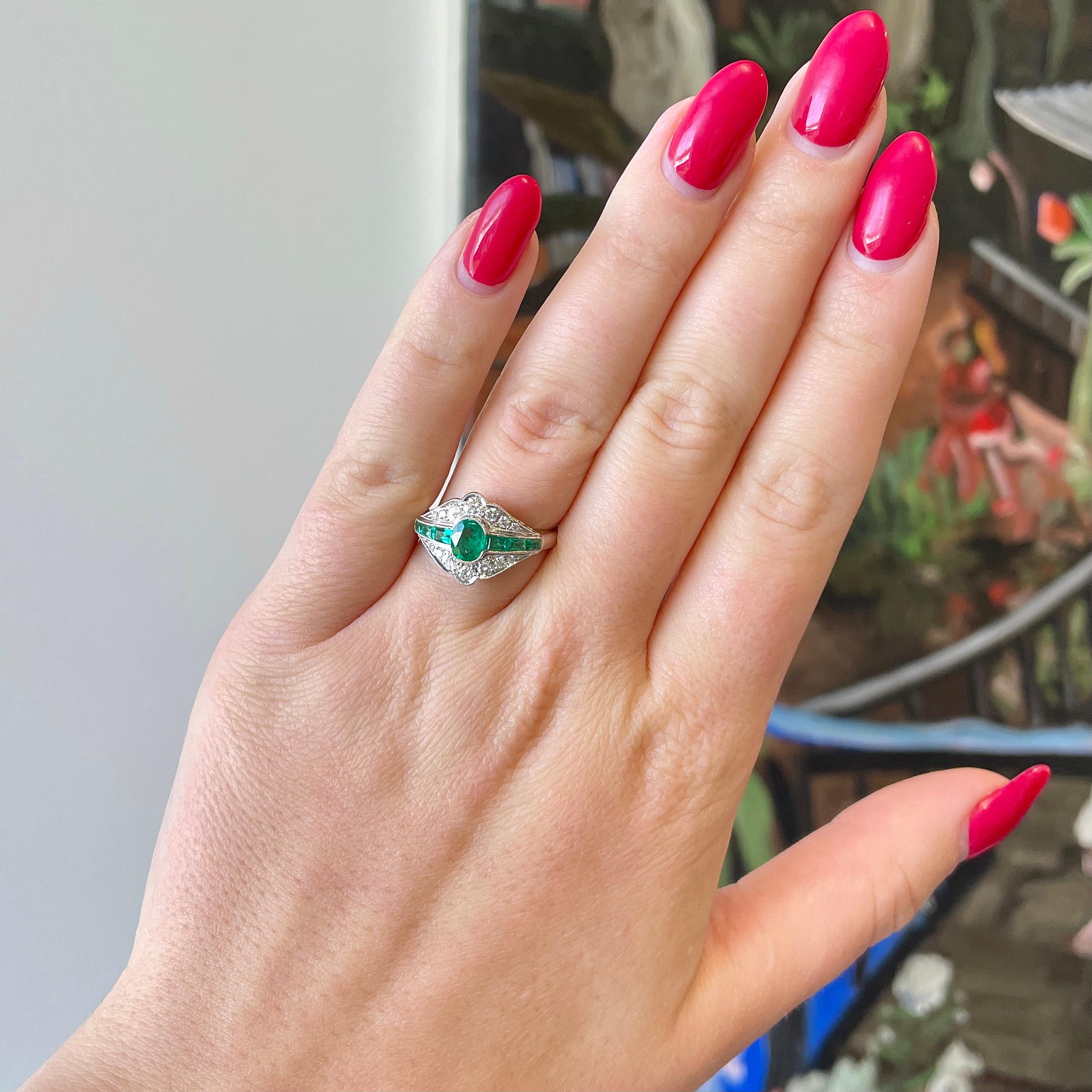 Art Deco Style, aka the Roaring 20s are known for endless parties and dancing, strong cocktails and lavish lifestyle. The jewelry from this period truly reflect the iconic era. This Vintage Art Deco Style Emerald Diamond 18k White Gold Ring is an
