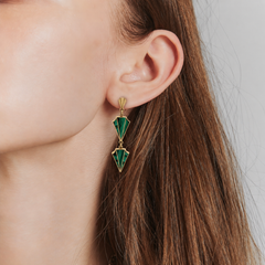 Boucles d'oreilles pendantes Vintage Art Deco Revival Malachite Or Jaune 18k, 1970