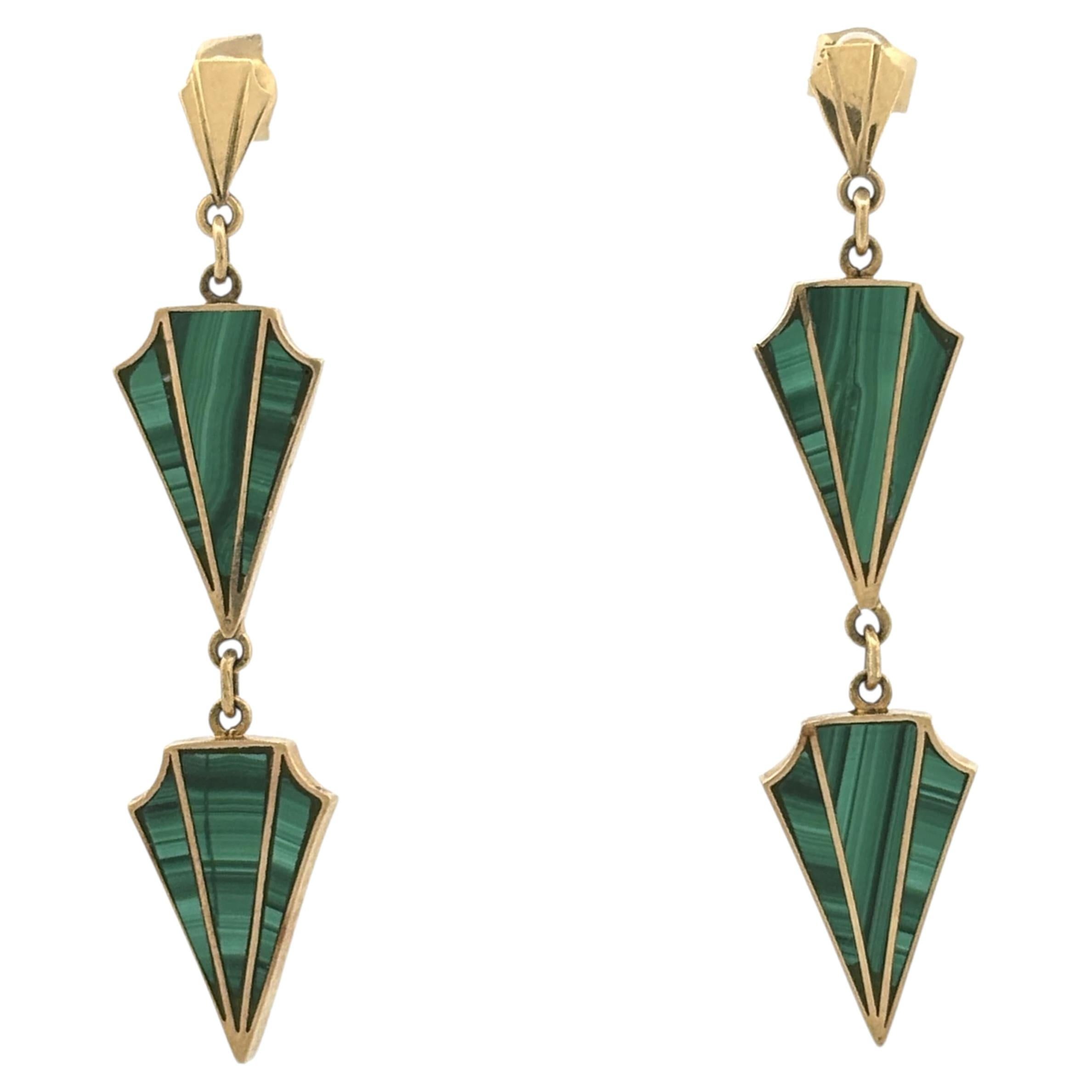 Vintage Art Deco Revival Malachite Drop Earrings 18k Yellow Gold, 1970s For Sale