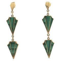 Boucles d'oreilles pendantes Vintage Art Deco Revival Malachite Or Jaune 18k, 1970