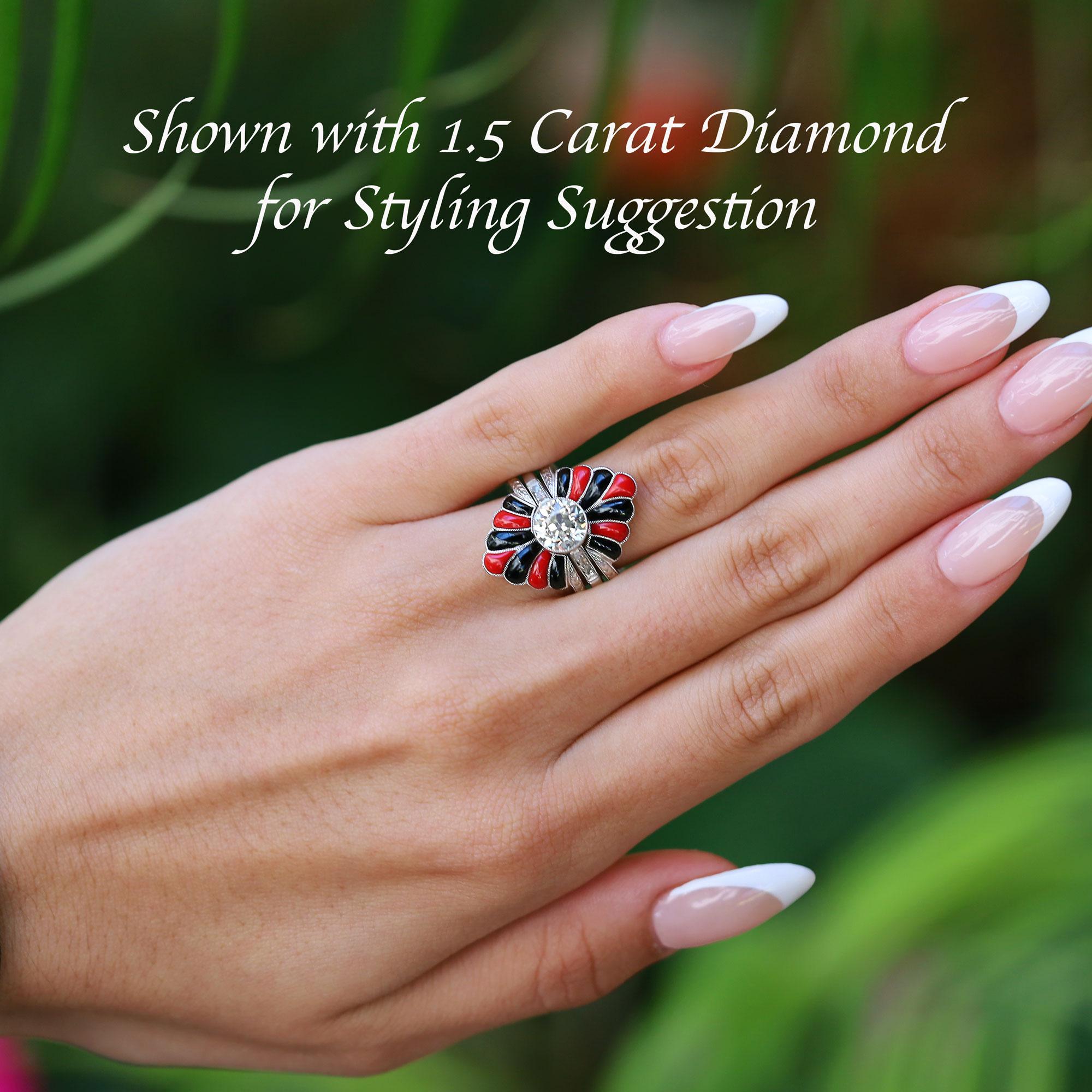 Vintage Art Deco Revival Onyx & Koralle Weißgold Ring Jacke, Vintage im Zustand „Gut“ im Angebot in Santa Barbara, CA