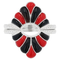 Vintage Art Decó Revival Ónix y Coral Chaqueta Anillo Oro Blanco