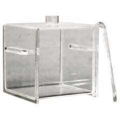 Vintage Art Deco Revival Square Lucite Ice Bucket & Tongs