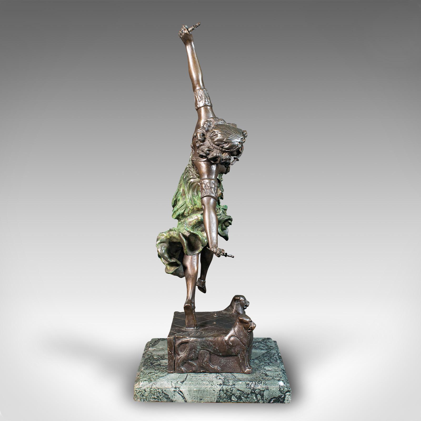 20th Century Vintage Art Deco Revival Statue, French, Bronze, Marble, Figure, After Colinet For Sale