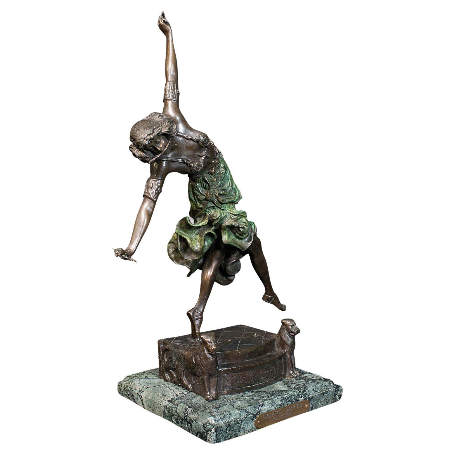 Vintage Art Deco Revival Statue, French, Bronze, Marble, Figure, After Colinet For Sale