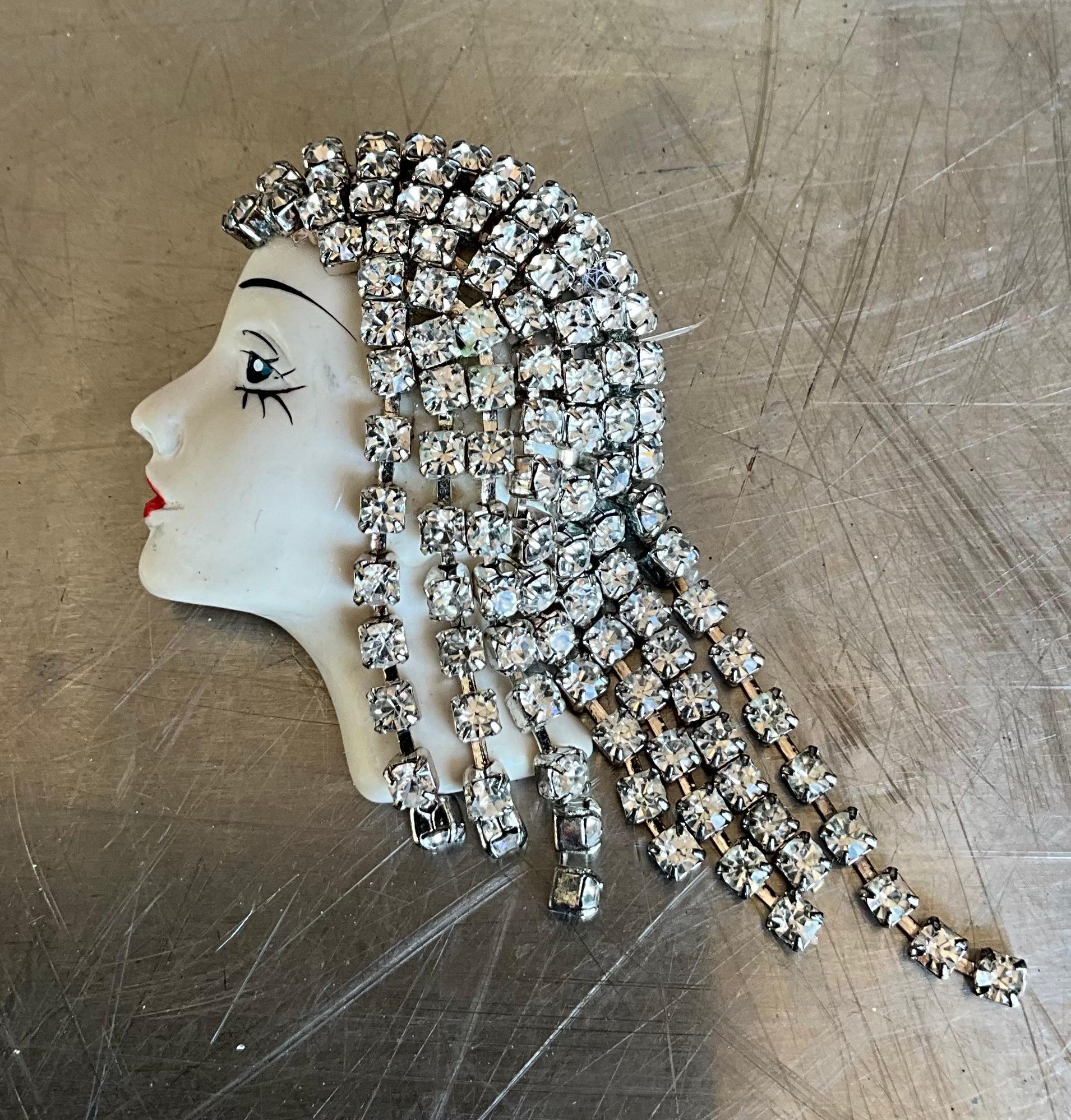 Die Art-Déco-Brosche mit Strasssteinen zeigt ein typisches Flapper-Girl-Motiv, das an den unbekümmerten, modischen und kühnen Geist der 1920er Jahre erinnert. Das Flapper Girl wird oft in einer stilisierten, langgestreckten Form dargestellt, mit