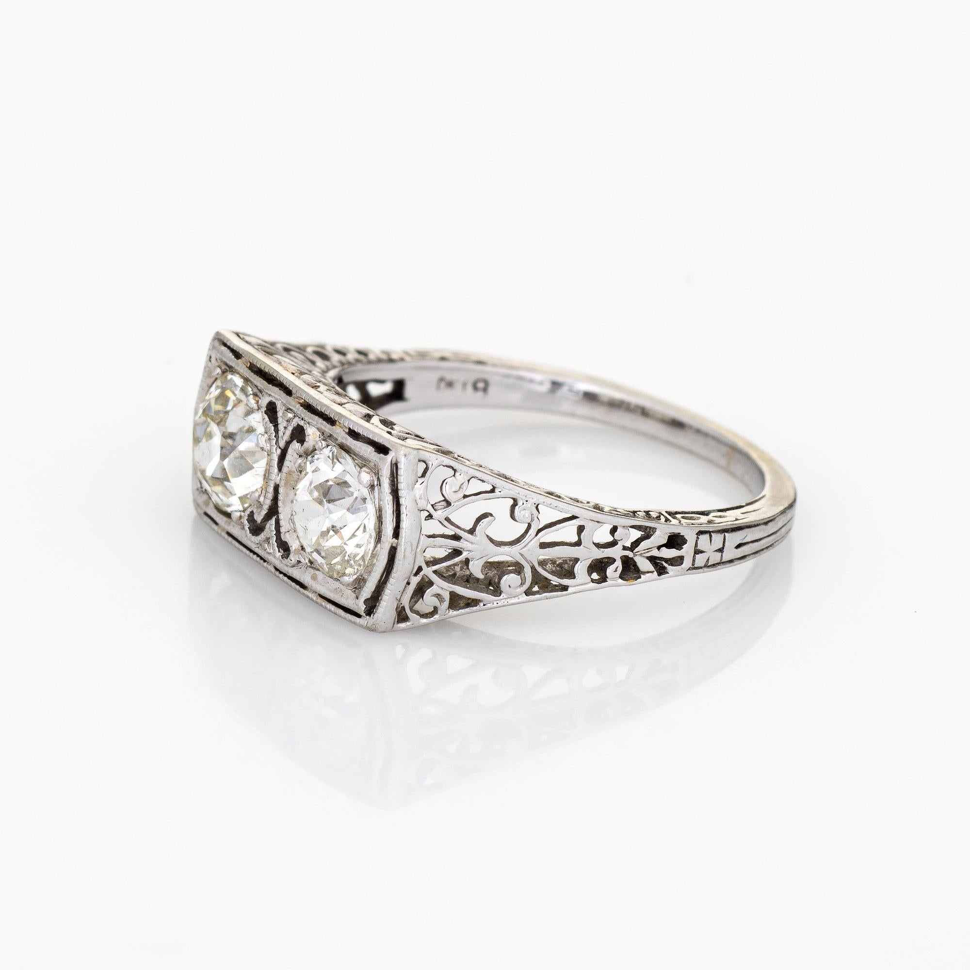 Old European Cut Vintage Art Deco Ring 1.25ct Double Diamond 18k White Gold Filigree Sz 6 Jewelry For Sale