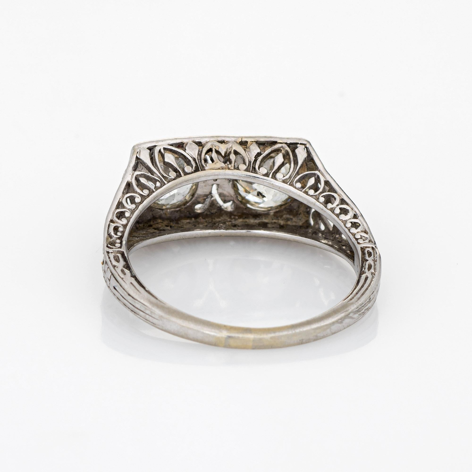 Vintage Art Deco Ring 1.25ct Double Diamond 18k White Gold Filigree Sz 6 Jewelry In Good Condition For Sale In Torrance, CA