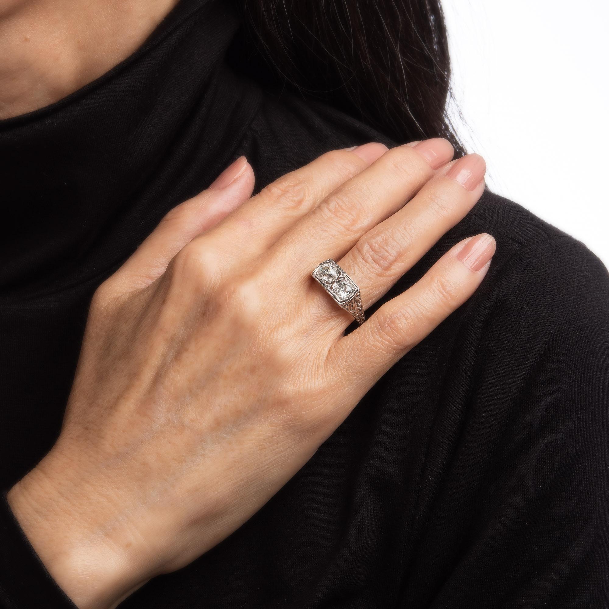 Women's Vintage Art Deco Ring 1.25ct Double Diamond 18k White Gold Filigree Sz 6 Jewelry For Sale