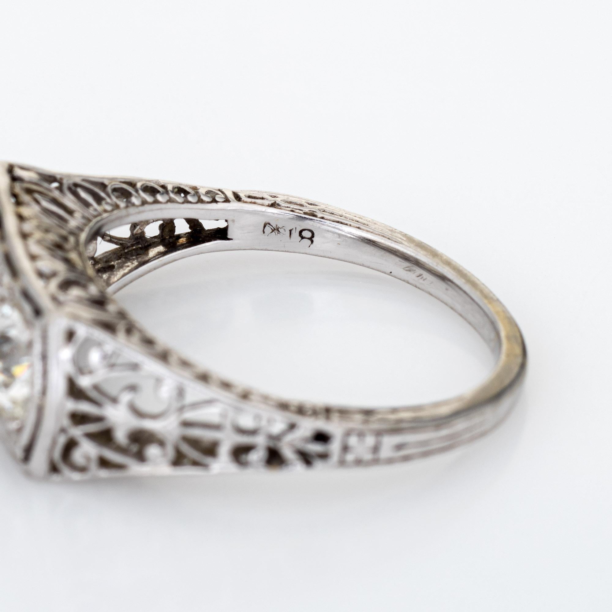 Vintage Art Deco Ring 1.25ct Double Diamond 18k White Gold Filigree Sz 6 Jewelry For Sale 1