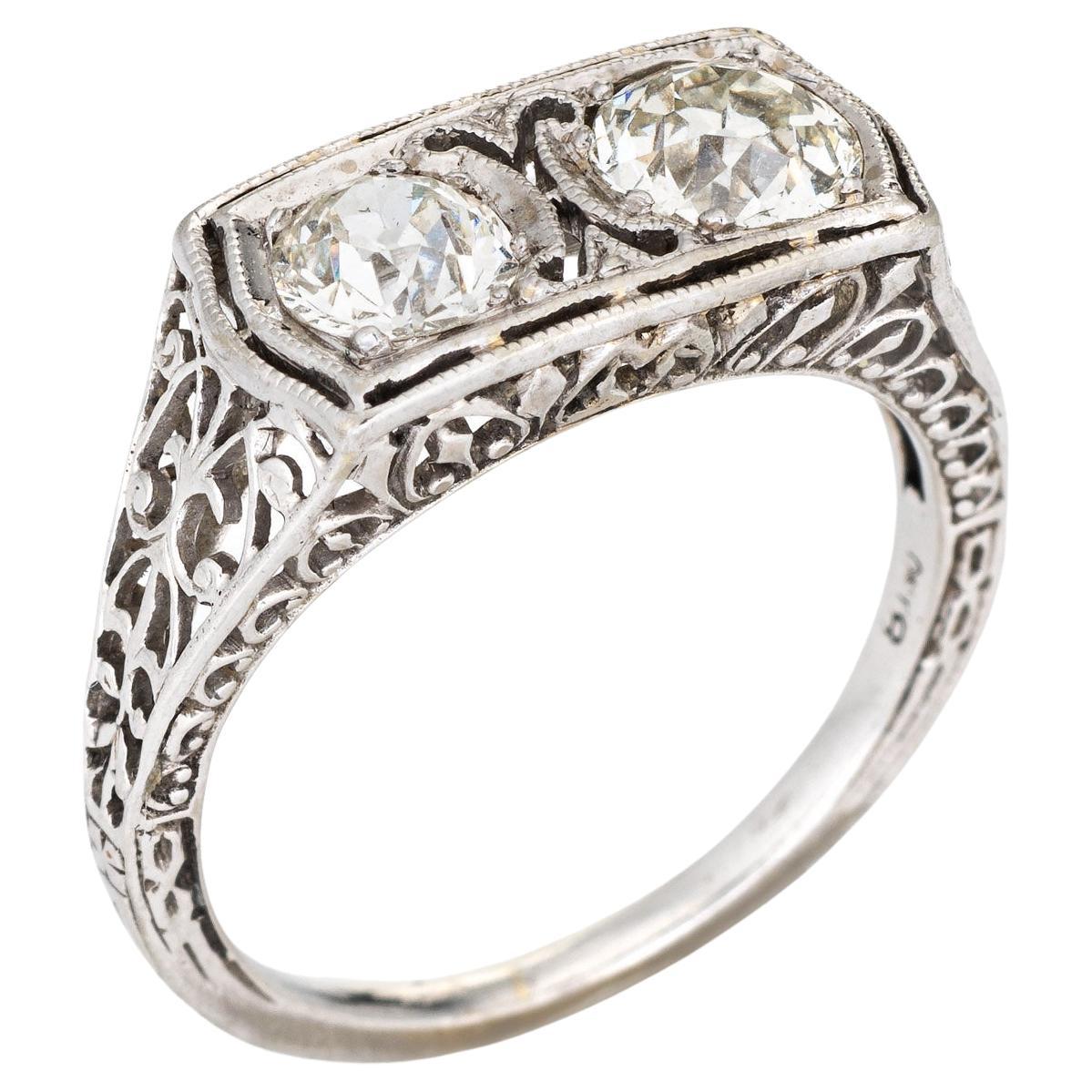 Vintage Art Deco Ring 1.25ct Double Diamond 18k White Gold Filigree Sz 6 Jewelry