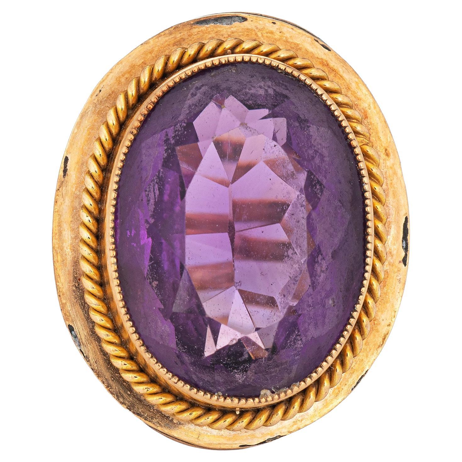 Vintage Art Deco Ring 12ct Amethyst 10k 14k Yellow Gold Large Oval Cocktail 5 For Sale