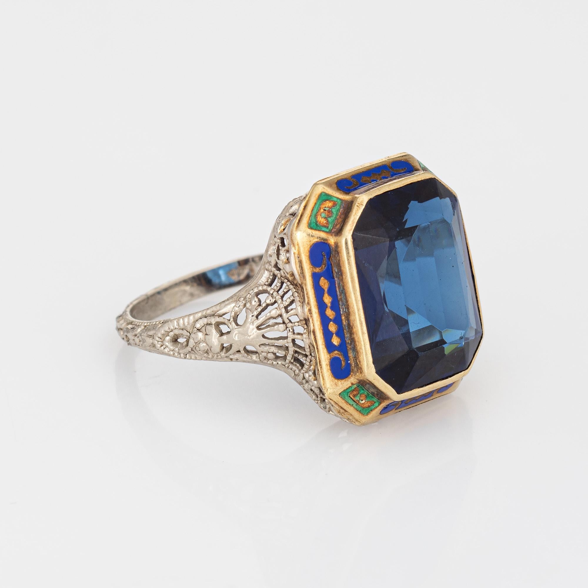 Square Cut Vintage Art Deco Ring Blue Green Enamel 14k White Gold Filigree Jewelry