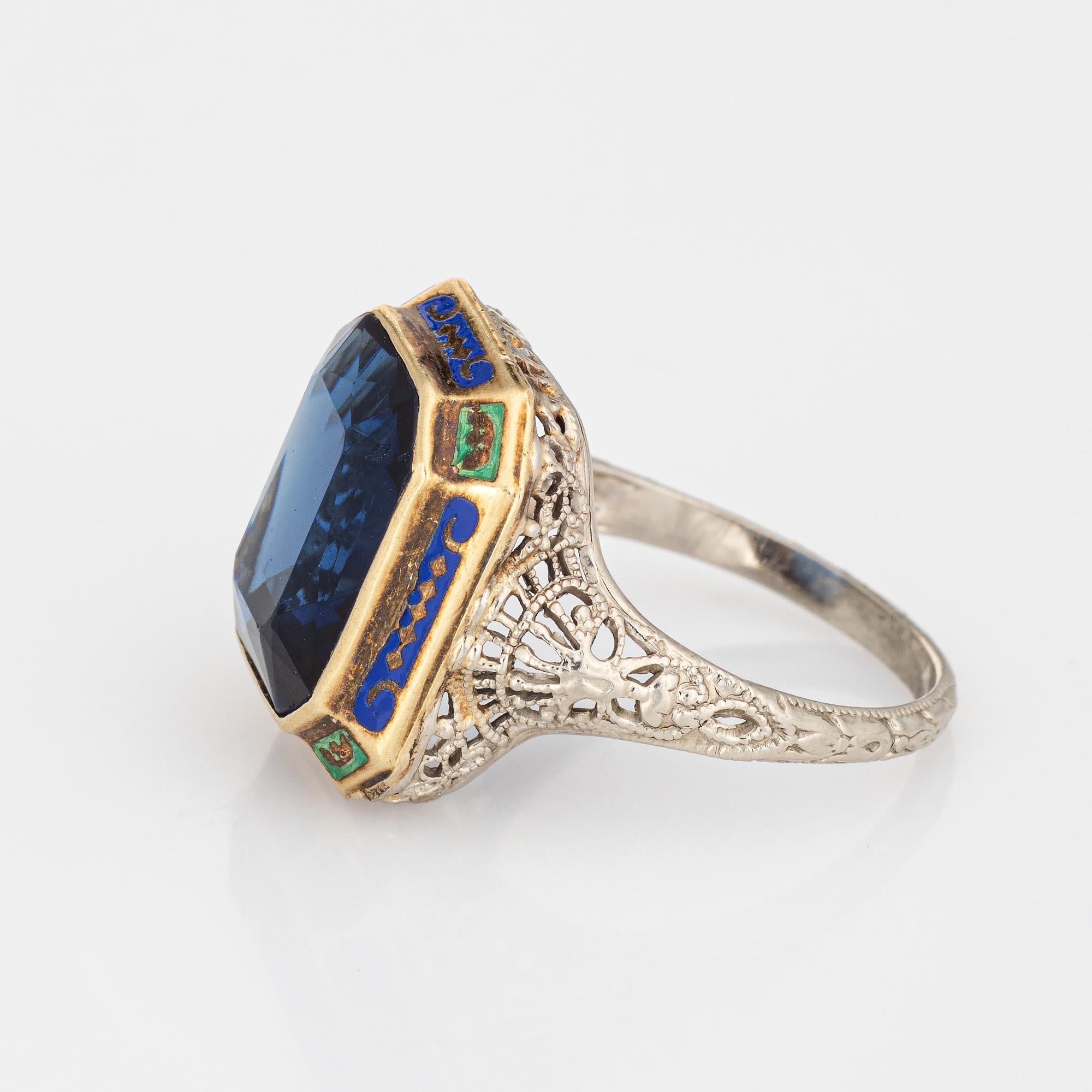 Vintage Art Deco Ring Blue Green Enamel 14k White Gold Filigree Jewelry In Good Condition In Torrance, CA