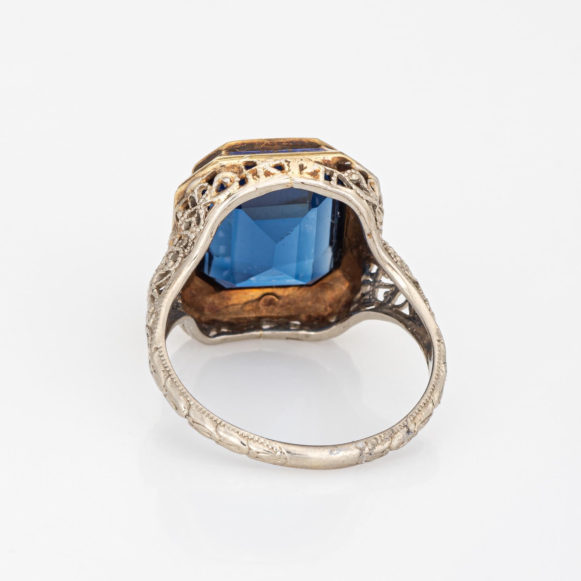 Women's Vintage Art Deco Ring Blue Green Enamel 14k White Gold Filigree Jewelry
