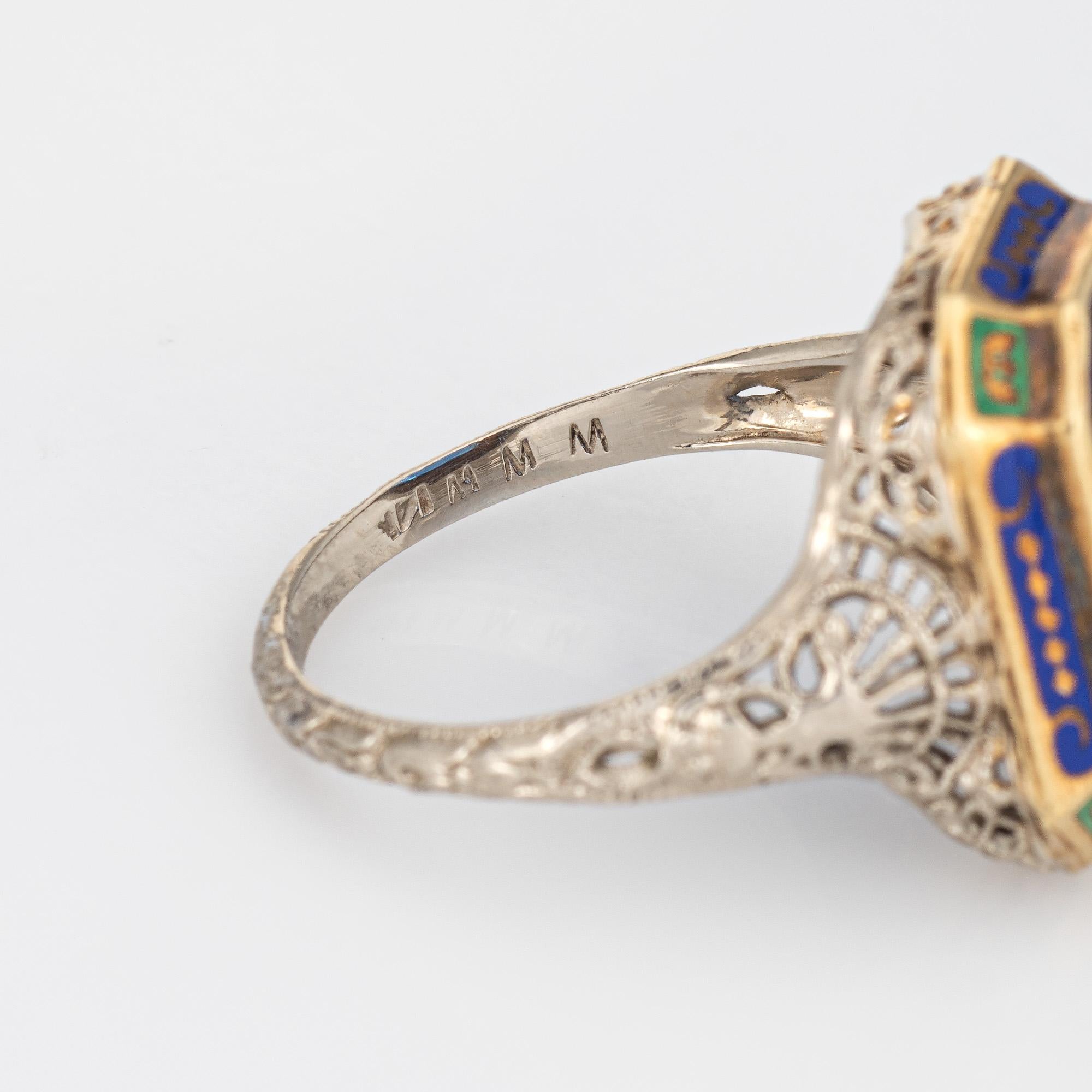 Vintage Art Deco Ring Blue Green Enamel 14k White Gold Filigree Jewelry 2