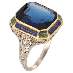 Vintage Art Deco Ring Blue Green Enamel 14k White Gold Filigree Jewelry