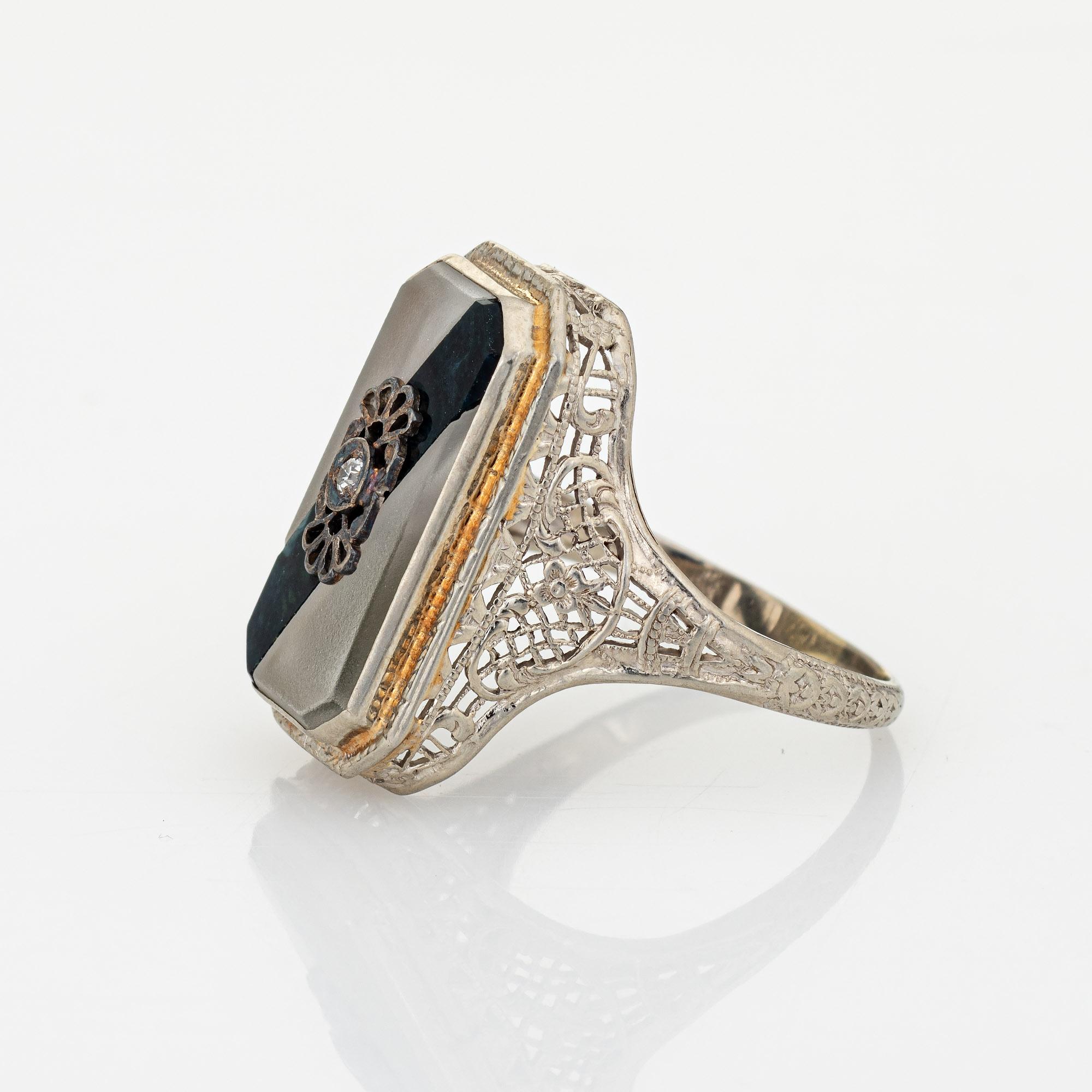 Round Cut Vintage Art Deco Ring Camphor Glass Onyx Filigree Estate Fine Jewelry
