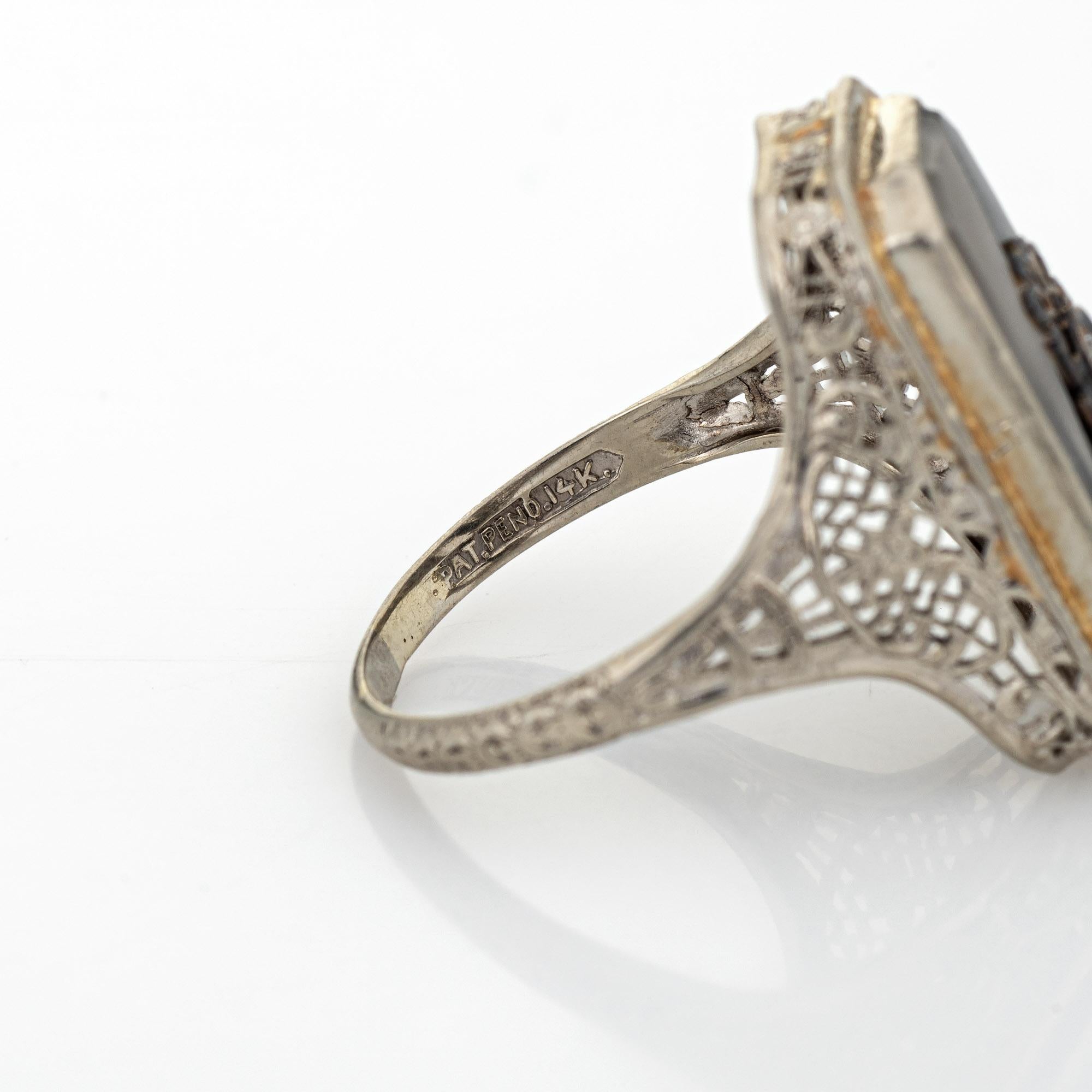 Vintage Art Deco Ring Camphor Glass Onyx Filigree Estate Fine Jewelry 1