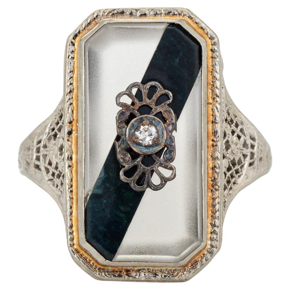 Vintage Art Deco Ring Camphor Glass Onyx Filigree Estate Fine Jewelry