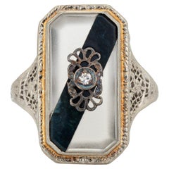 Bague vintage Art Déco Camphor Glass Onyx Filigree Estate Fine Jewelry