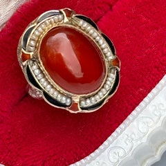 Vintage Art Deco Ring Carnelian Seed pearls Enamel 14k White Gold Filigree