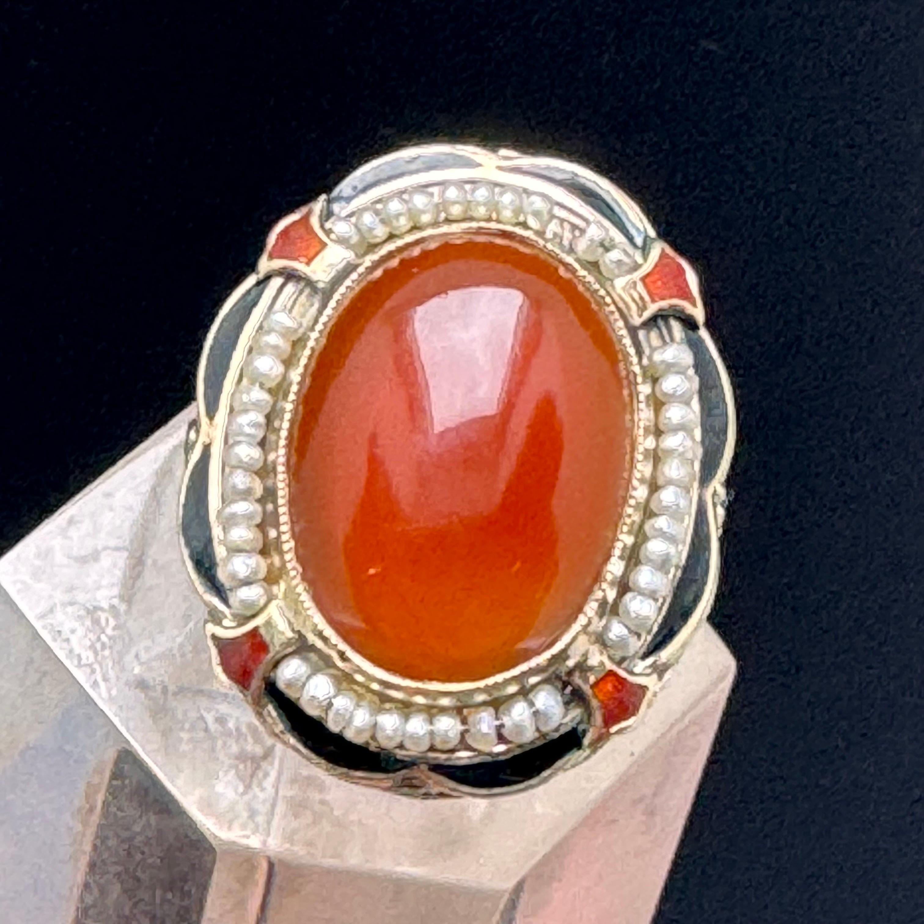 Women's Vintage Art Deco Ring Carnelian Seed pearls Enamel 14k White Gold Filigree For Sale