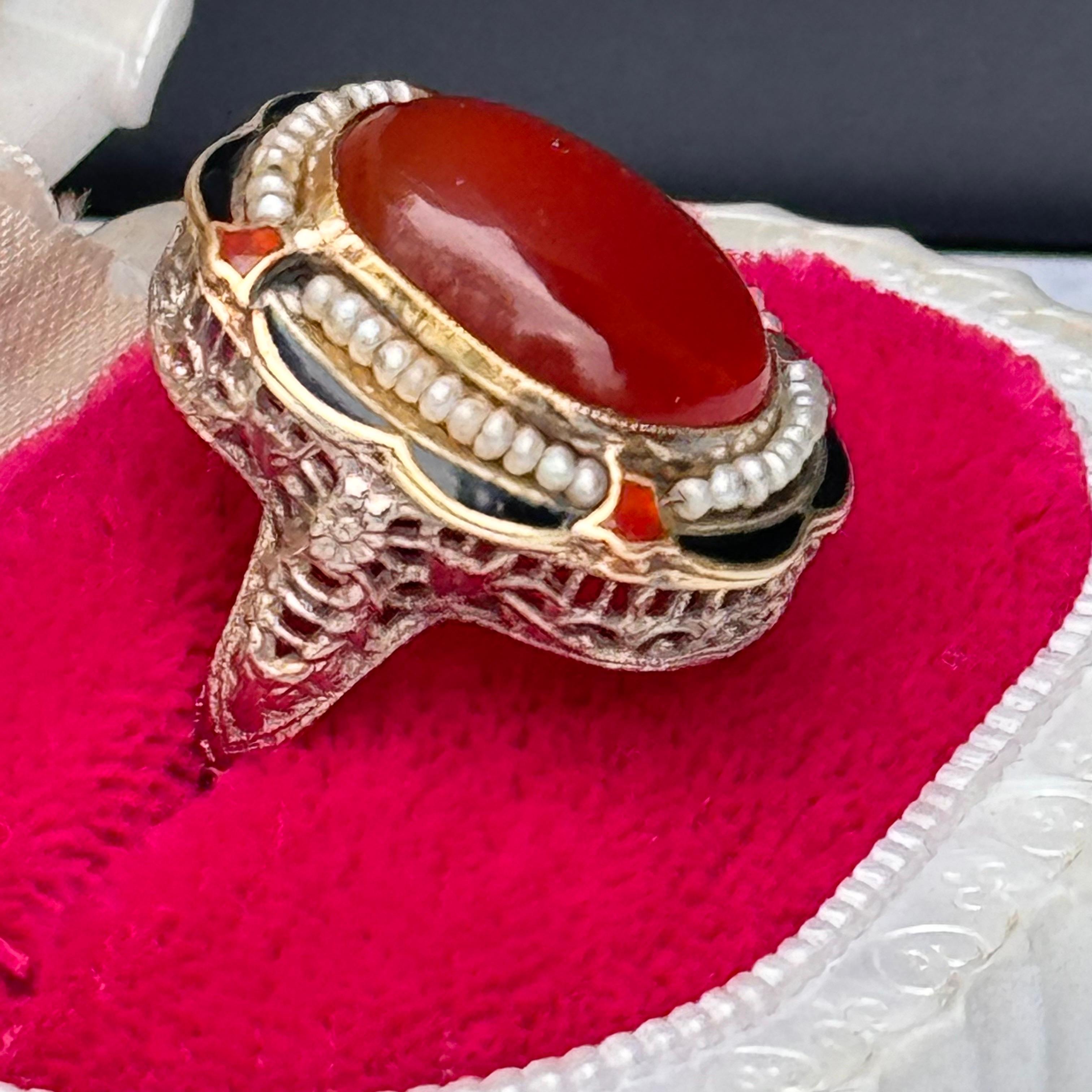 Vintage Art Deco Ring Carnelian Seed pearls Enamel 14k White Gold Filigree For Sale 1