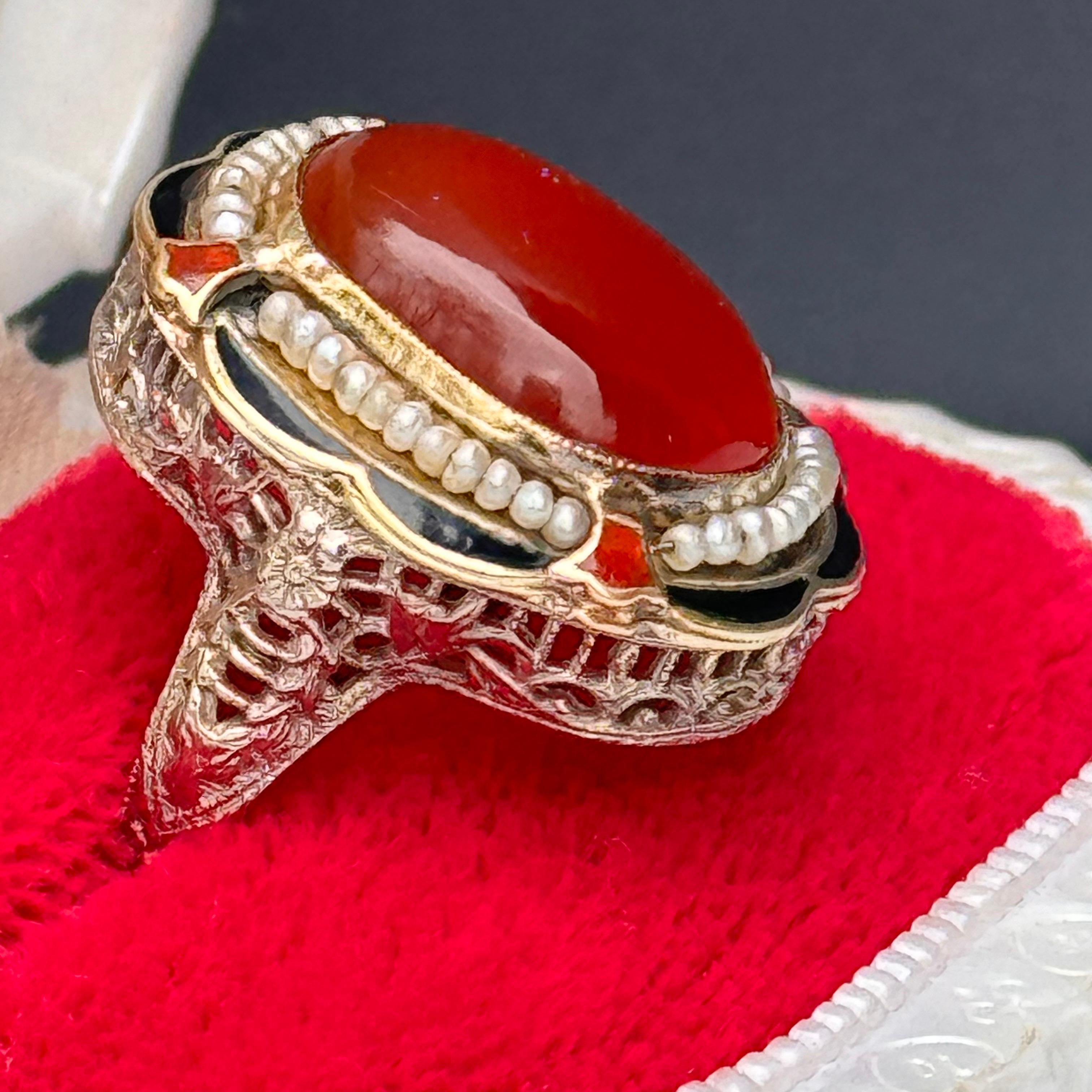 Vintage Art Deco Ring Carnelian Seed pearls Enamel 14k White Gold Filigree For Sale 2