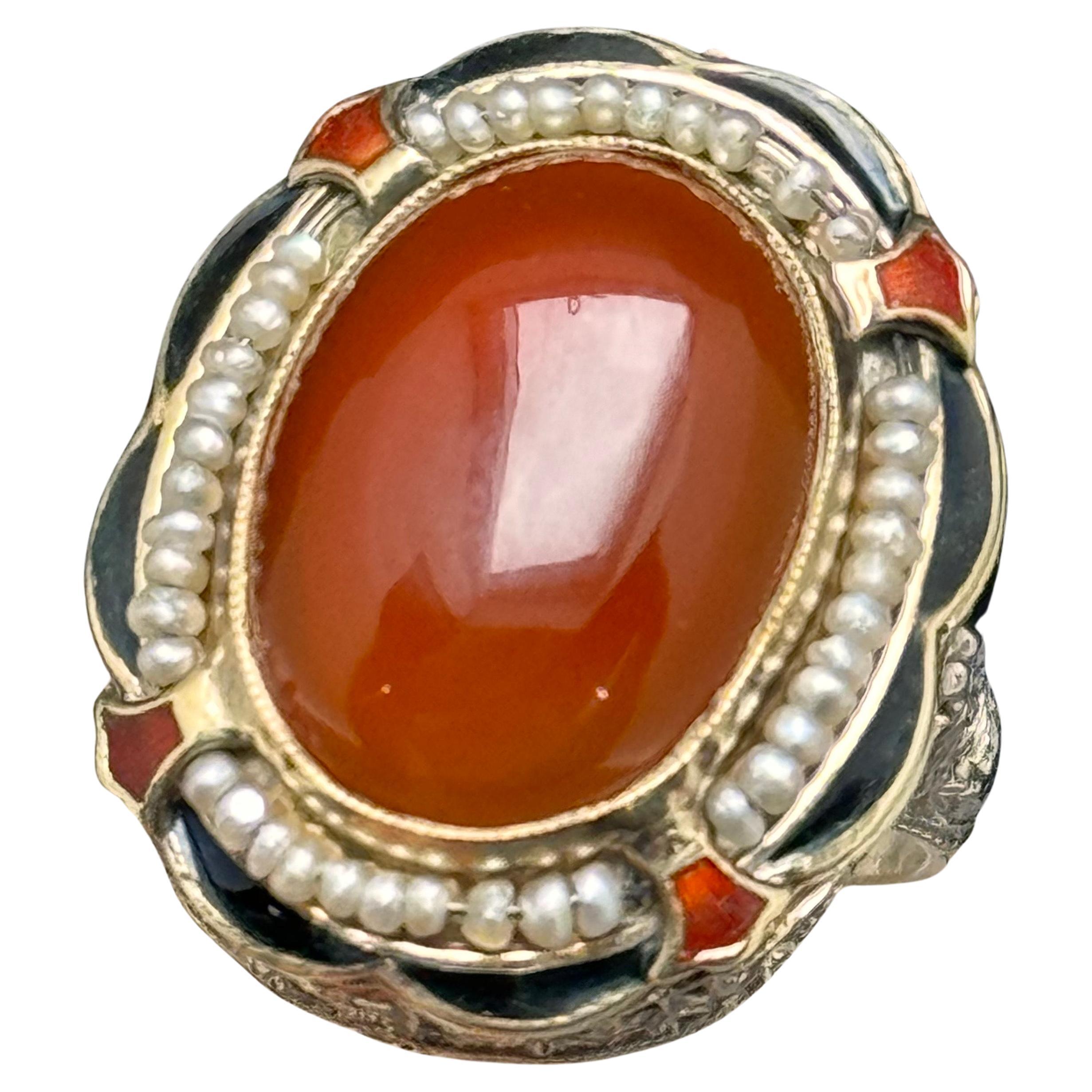 Vintage Art Deco Ring Carnelian Seed pearls Enamel 14k White Gold Filigree For Sale