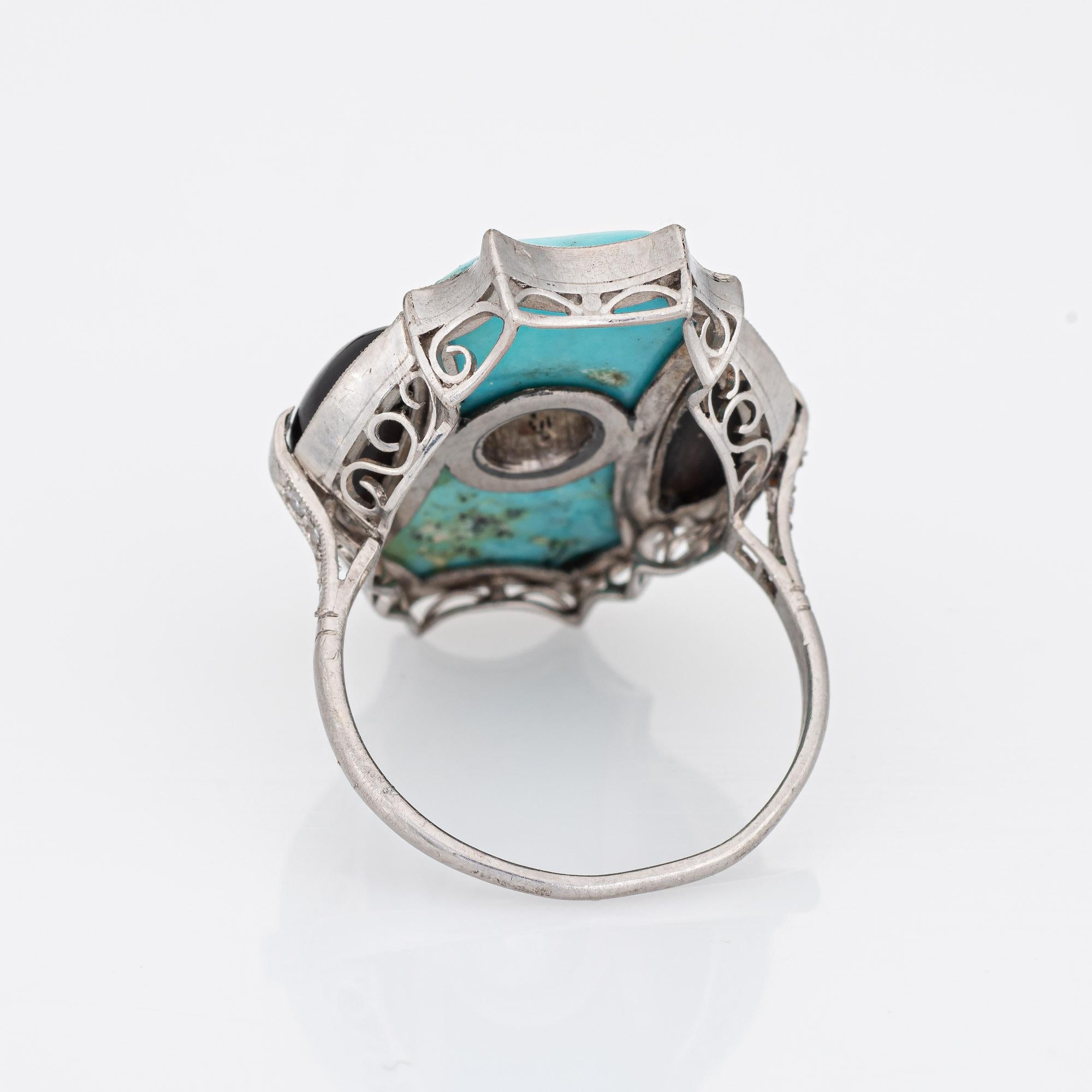 Women's Vintage Art Deco Ring Diamond Turquoise Onyx Platinum Cocktail Jewelry For Sale