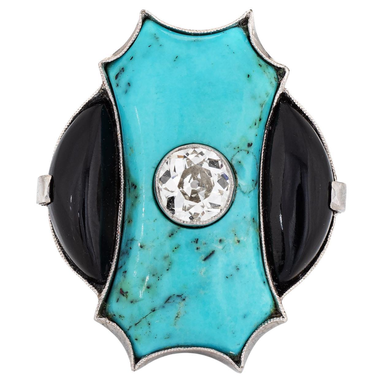 Bague cocktail Art déco vintage en platine avec diamants, turquoises et onyx