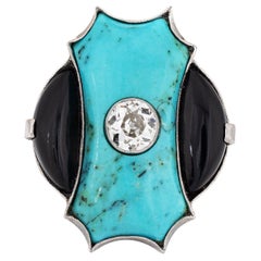 Antique Art Deco Ring Diamond Turquoise Onyx Platinum Cocktail Jewelry