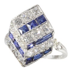 Antique Art Deco Ring Diamonds and Sapphires 18 Karat White Gold, 1920s