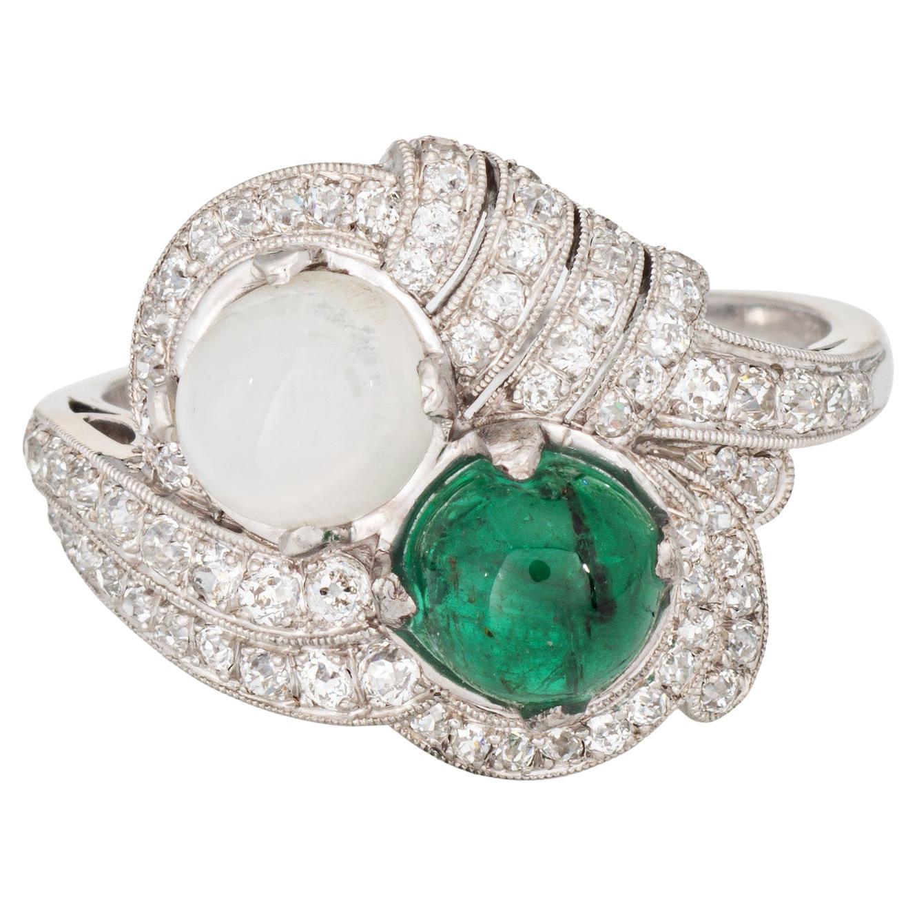 Vintage Art Deco Ring Smaragd Mondstein Diamant Sz 10 Fine Estate Jewelry