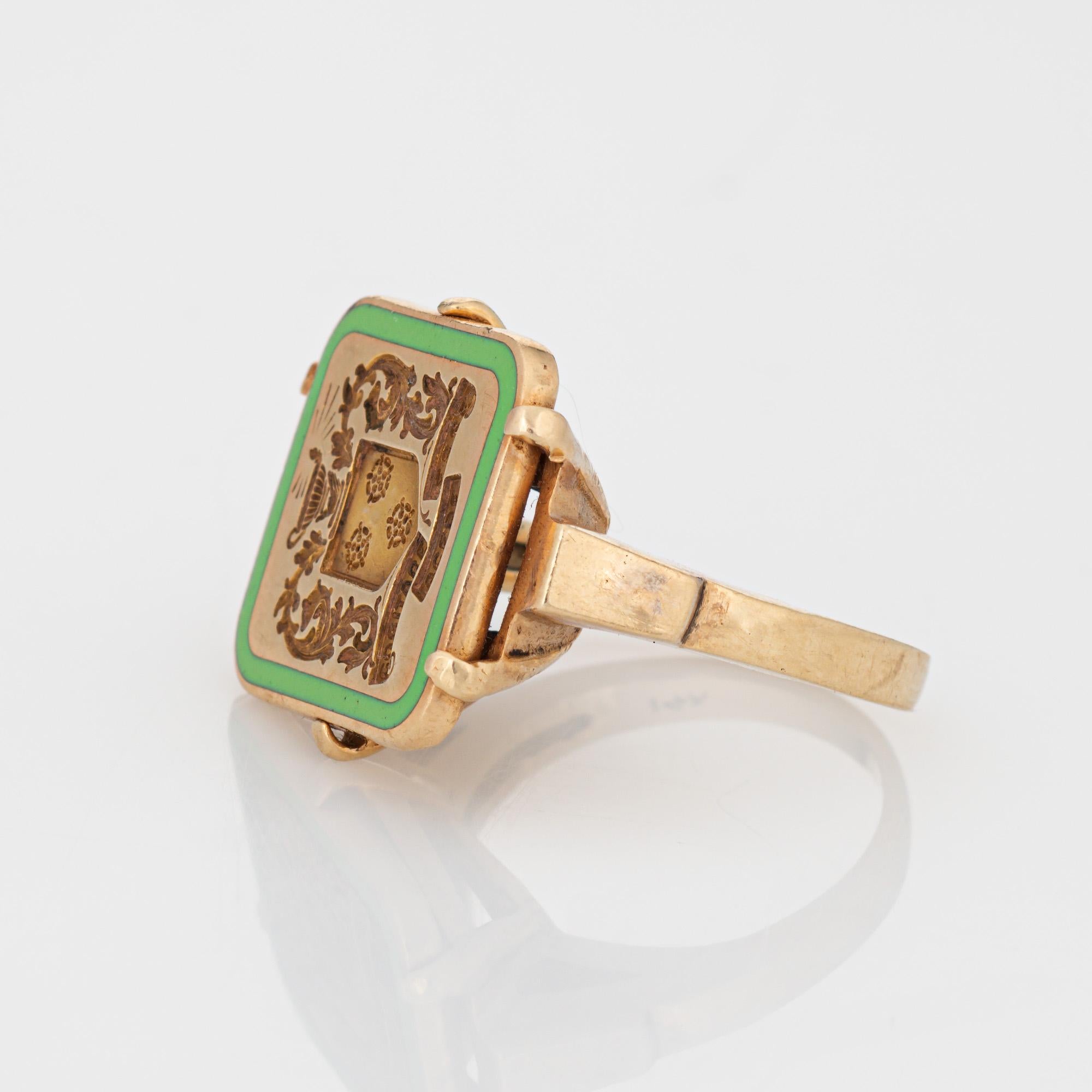 Women's Vintage Art Deco Ring Family Crest Signet Green Enamel 14k Yellow Gold Sz 4.5